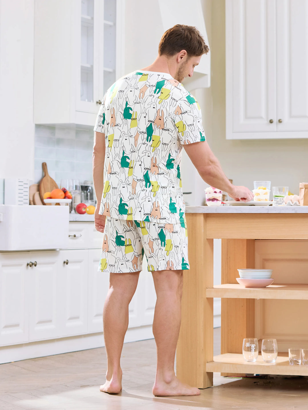 Pyjamas famille Bamboo à manches courtes assortis avec imprimé lapin (ajusté pour enfants) Blanc