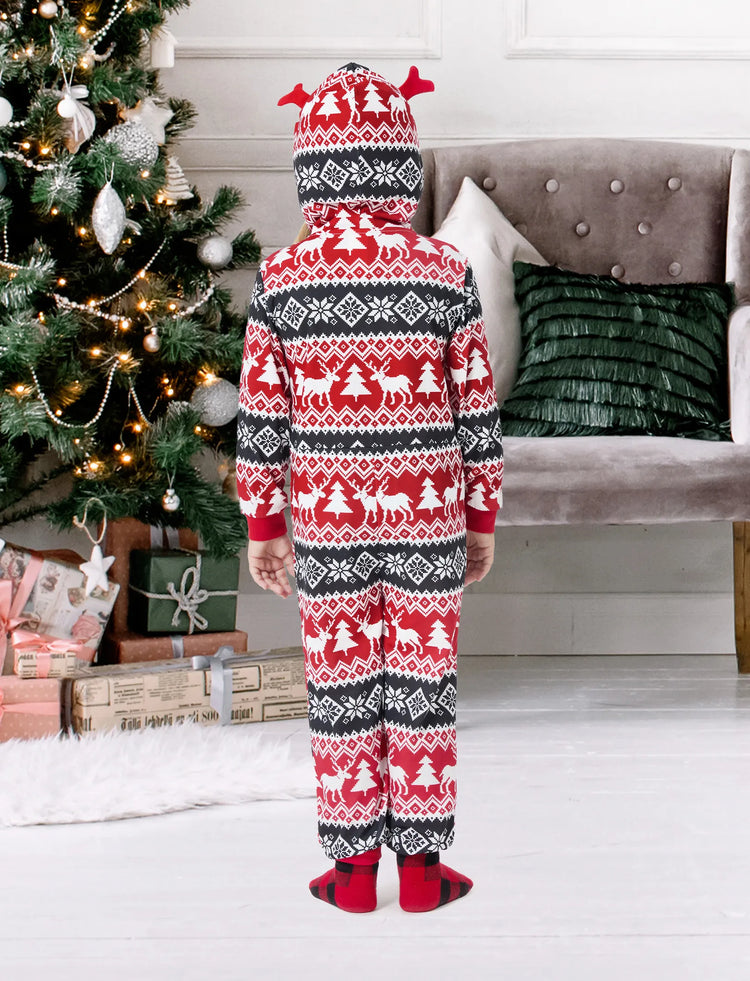 Christmas Matching Family Pajamas Set 3D Reindeer Hooded Allover Snowflake Print Onesie PJS with Christmas Socks red/black
