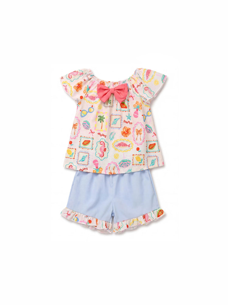Ocean Vibes Toddler Girl Bow Ruffle Top & Shorts Set Blue