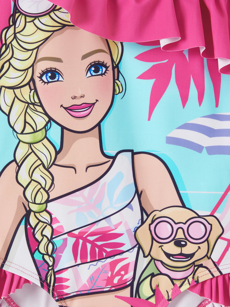 Toddler Girl Barbie Girls Ruffled Tropical Floral Print Swimsuit Hot Pink