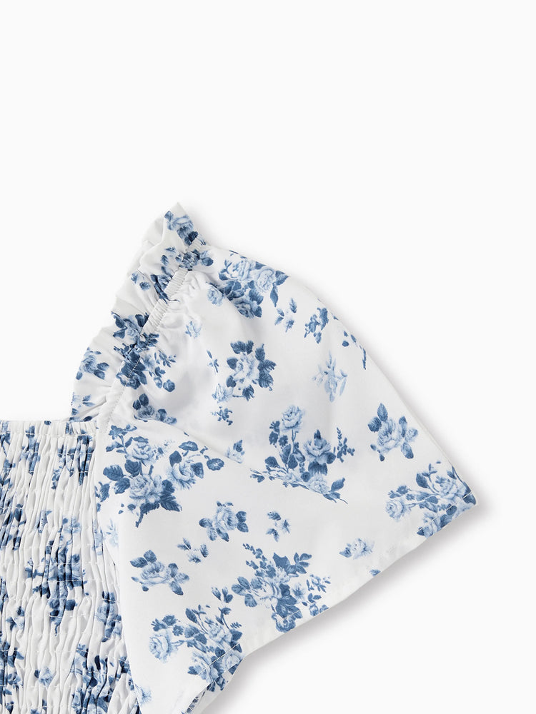 Family Matching Outfit: Floral Smocking Casual Suit BLUEWHITE