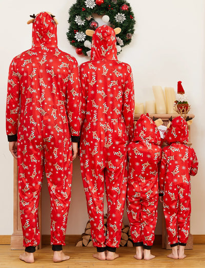 Christmas Matching Family Pajamas Set 3D Reindeer Hooded Allover Reindeer Print Onesie PJS with Christmas Socks Red