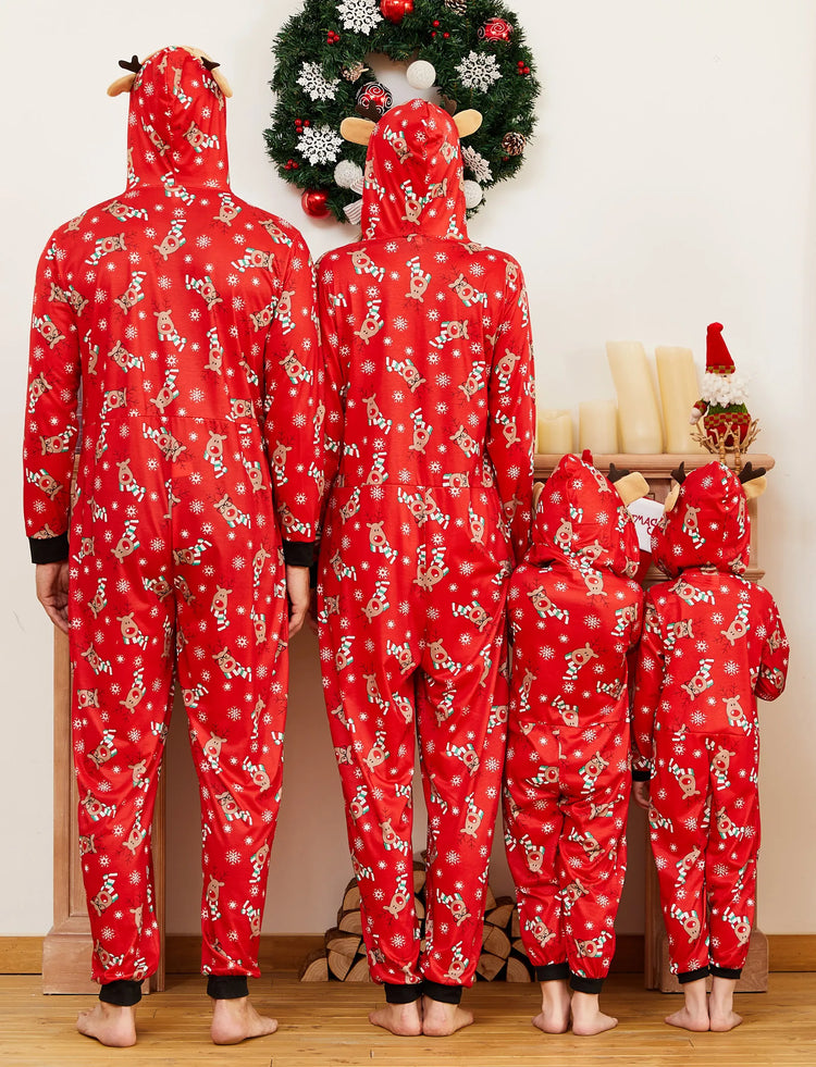 Christmas Matching Family Pajamas Set 3D Reindeer Hooded Allover Reindeer Print Onesie PJS with Christmas Socks Red