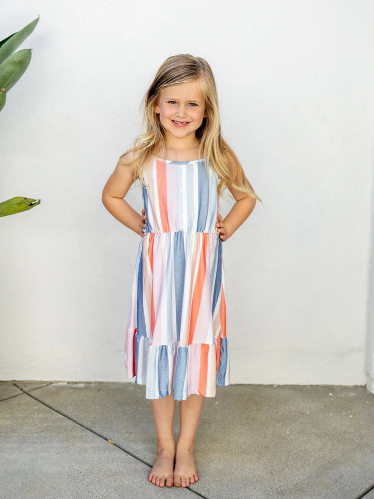 Mommy and Me Family Matching Blue Short-sleeve Tee or Colorful Stripe Camisole Dress Multi-color