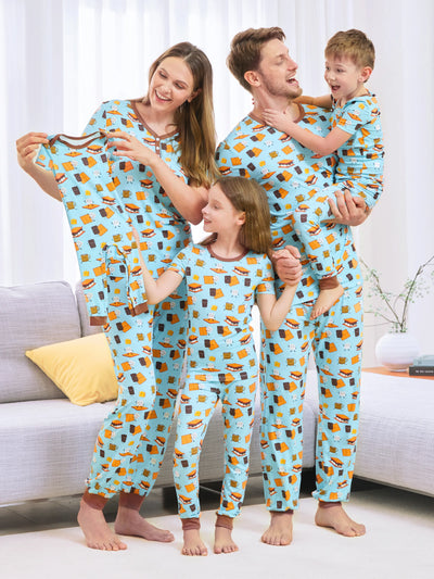 Pyjama familial en bambou, imprimé mignon, manches courtes et pantalon long, ensemble de pyjama assorti (ajusté pour les enfants) vert