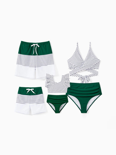 Family Matching Color Block Drawstring Swim Trunks or Stripe Cross Front Two-Piece Swimsuit (Quick-Dry) Green