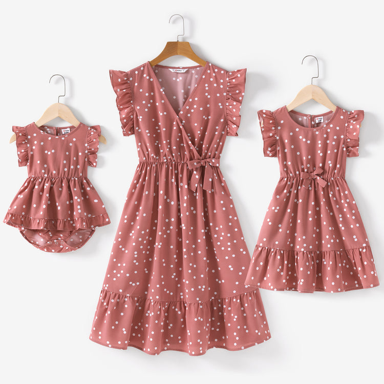 All Over Dots Pink Cross Wrap V Neck Ruffle Flutter-sleeve Dress for Mom and Me PinkyWhite
