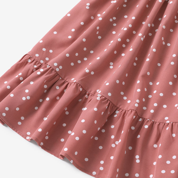 All Over Dots Pink Cross Wrap V Neck Ruffle Flutter-sleeve Dress for Mom and Me PinkyWhite