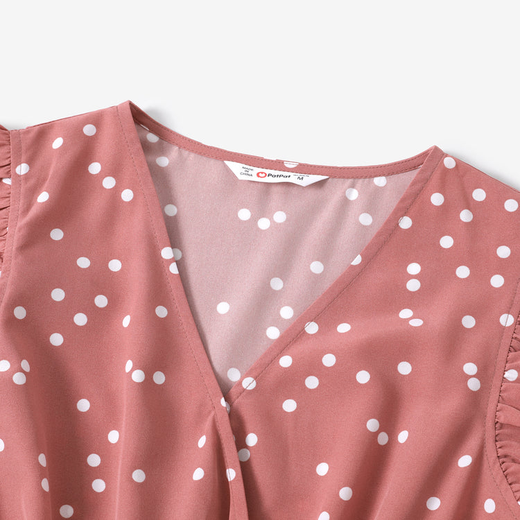 All Over Dots Pink Cross Wrap V Neck Ruffle Flutter-sleeve Dress for Mom and Me PinkyWhite