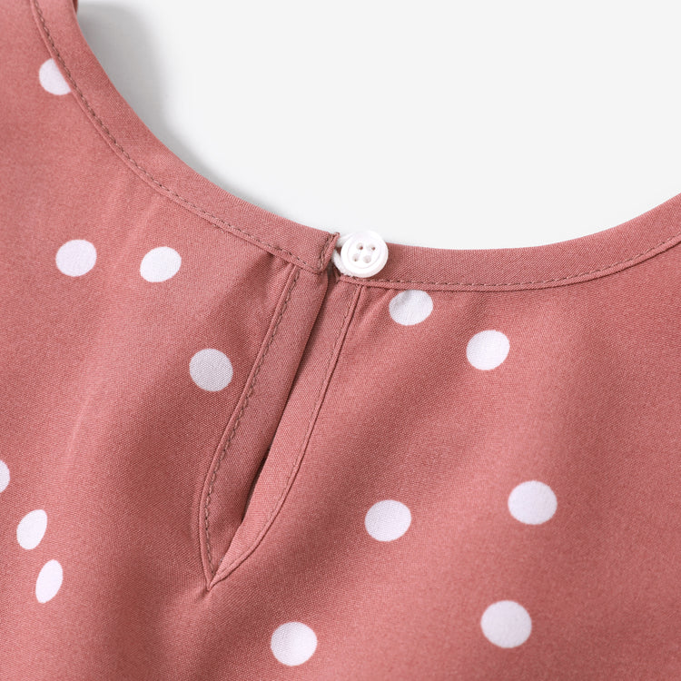 All Over Dots Pink Cross Wrap V Neck Ruffle Flutter-sleeve Dress for Mom and Me PinkyWhite