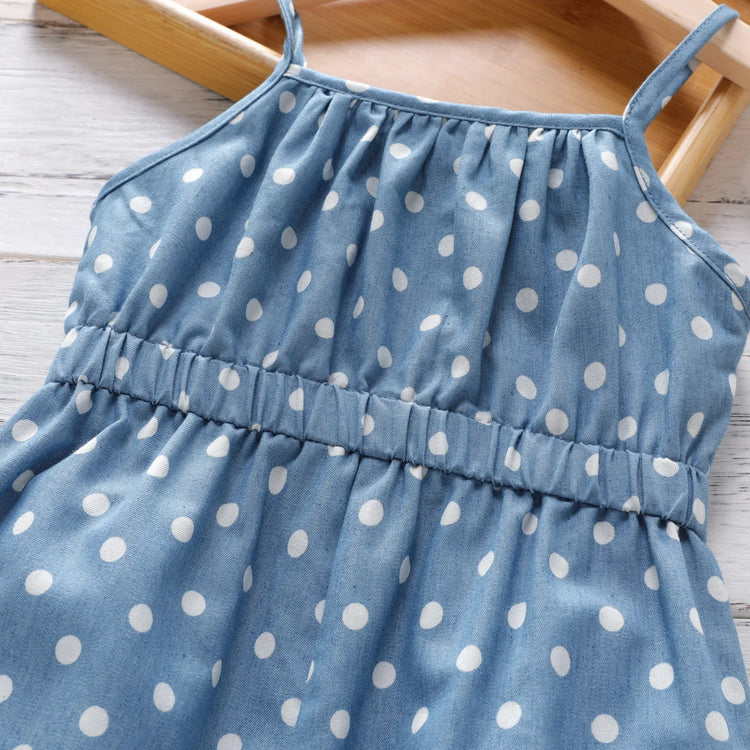 Toddler Girl Polka dots Bowknot Design Denim Cami Jumpsuits Blue