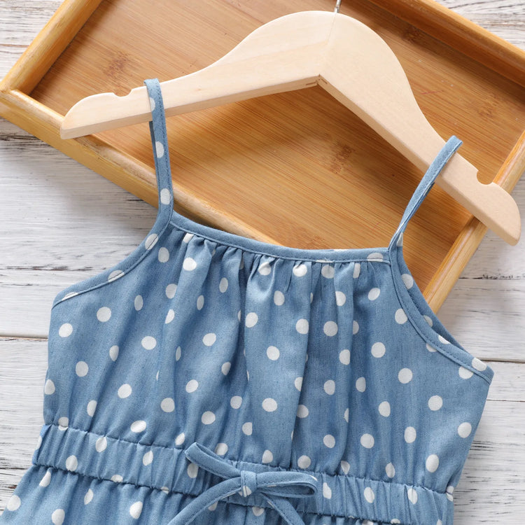 Toddler Girl Polka dots Bowknot Design Denim Cami Jumpsuits Blue
