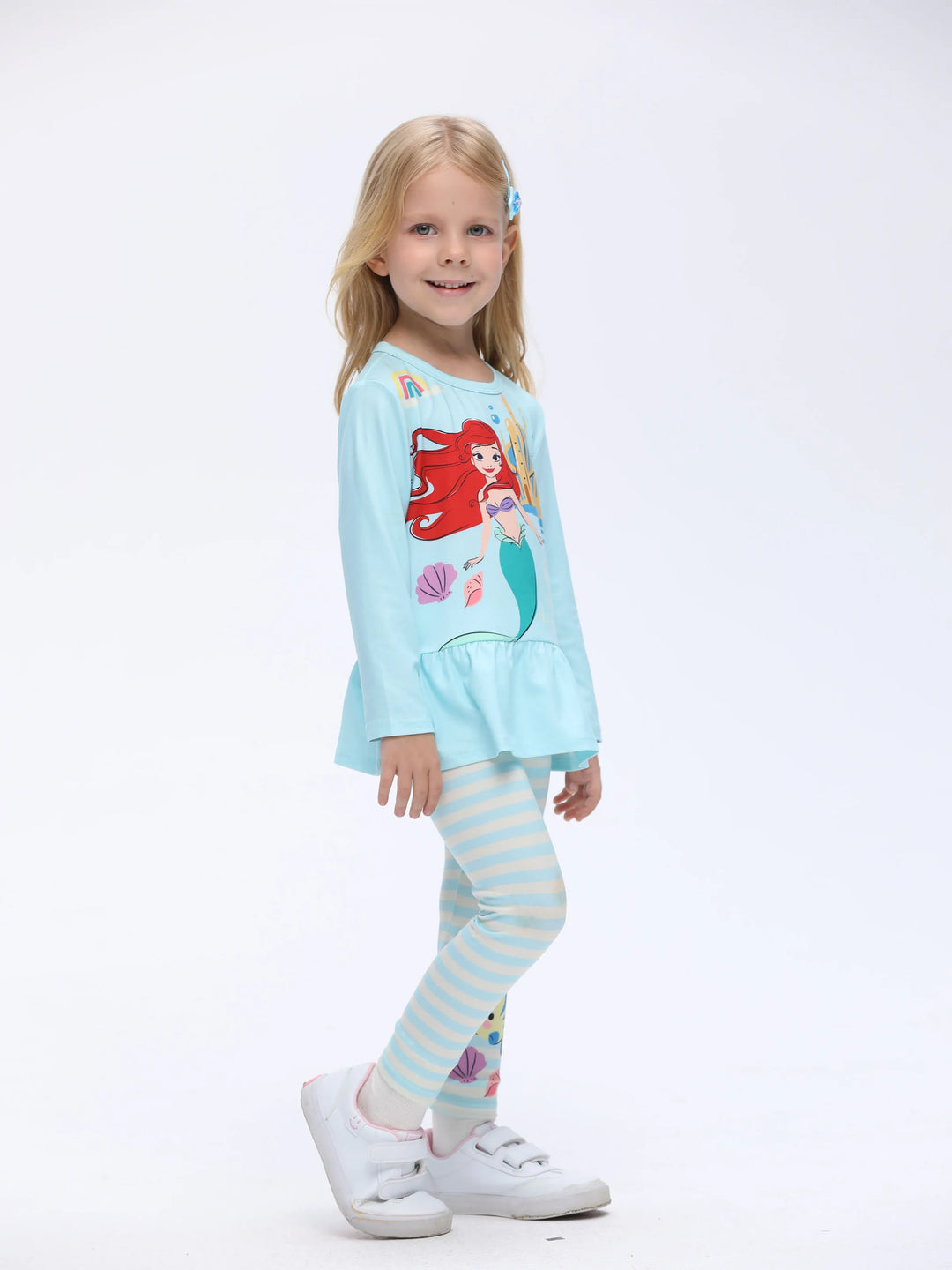 Ensemble 2 pièces Disney Princess pour petite fille, t-shirt à basque imprimé Ariel et pantalon à rayures, bleu menthe