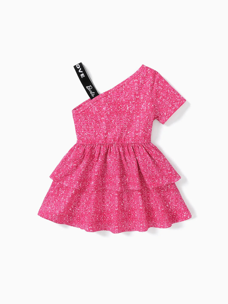 Barbie Toddler/Kid Girl One shouder desgin multi-layer Dress Rose pink