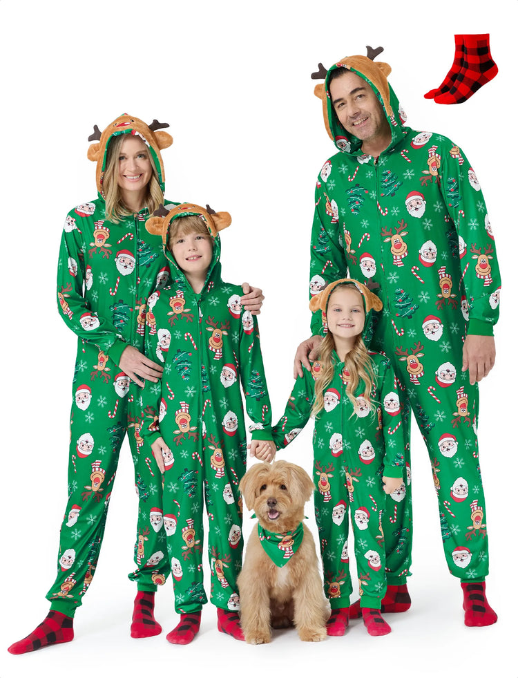Green Christmas Family Pajamas Sets 3D Reindeer Hooded Allover Print Onesies Green