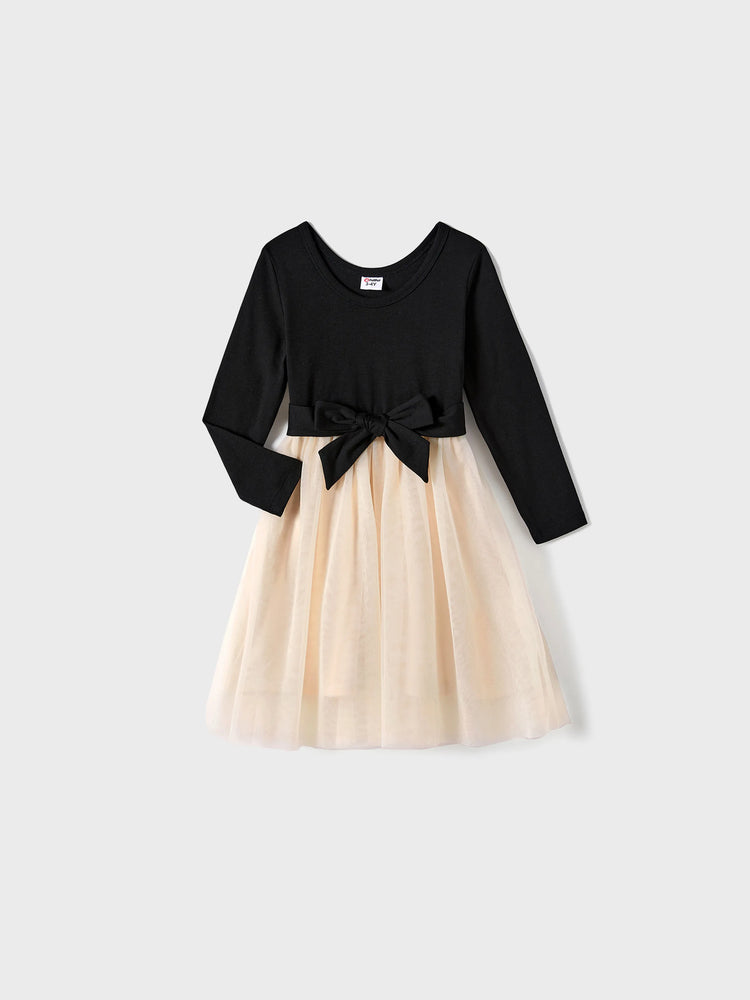 Family Matching Black-Almond Mesh Skirt and Classic Round Neck Long Sleeve Tops Sets Black