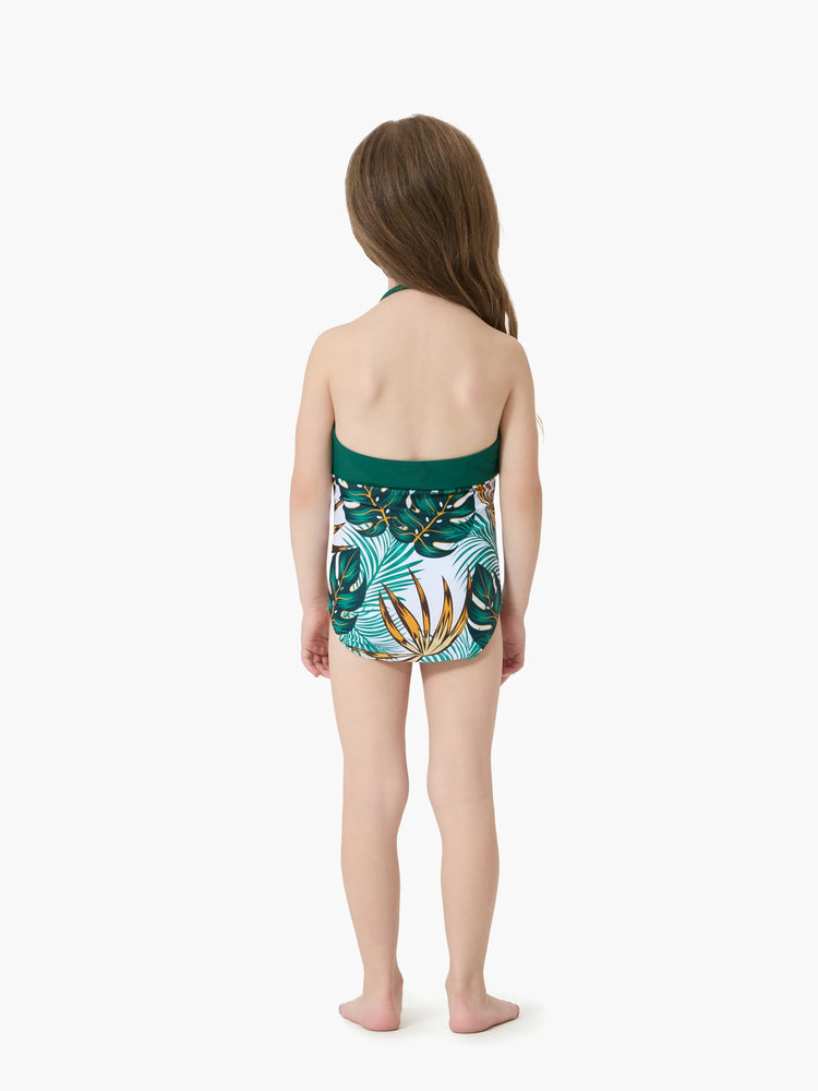 Daddy & Daughter Allover Plants Print Swim Trunks Shorts and Spaghetti Strap Splicing One-Piece Swimsuit Dark Green