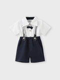 Baby Boy Party Gentle Bow Tie Shirt and Suspender Shorts Set Dark Blue