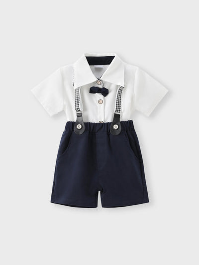 Ensemble chemise et short à bretelles pour bébé garçon, bleu foncé, avec nœud papillon et nœud papillon