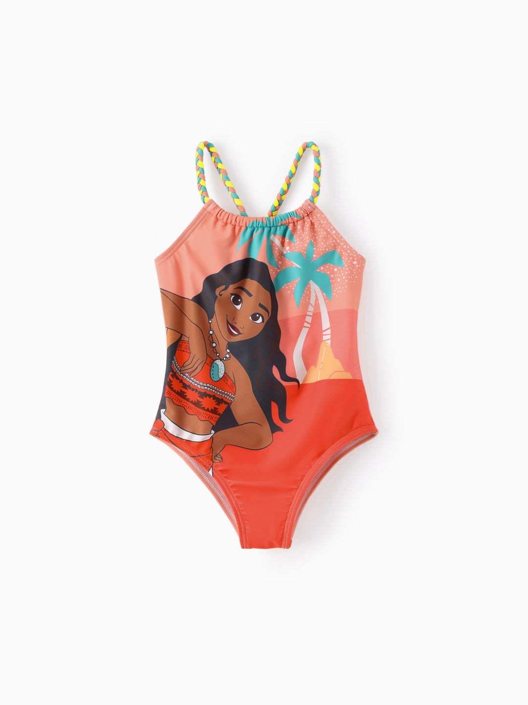 Disney Princess Toddler/Kid Girl Moana UPF50+ Big Pattern /Floral Allover Print Off-shoulder Swimsuit Coral Coral