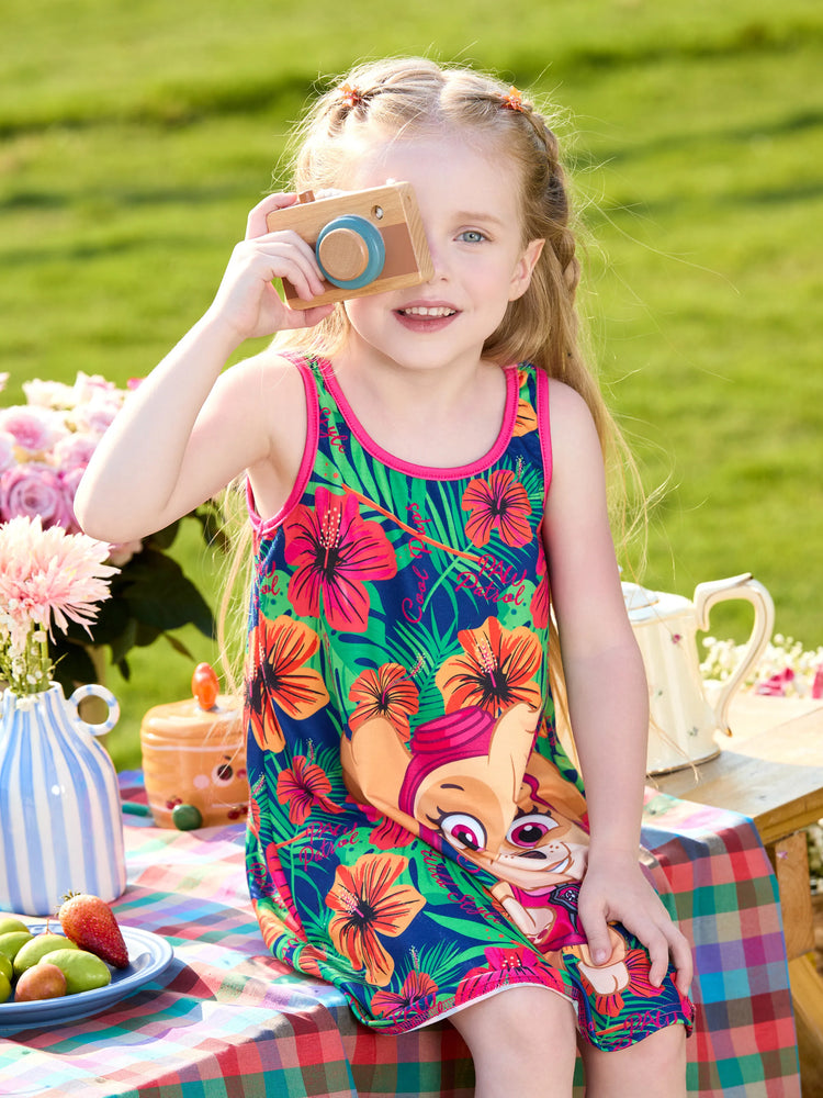 PAW Patrol Toddlers Girl 1pc Skye Tropical Plant Sleeveless Dresse Hot Pink