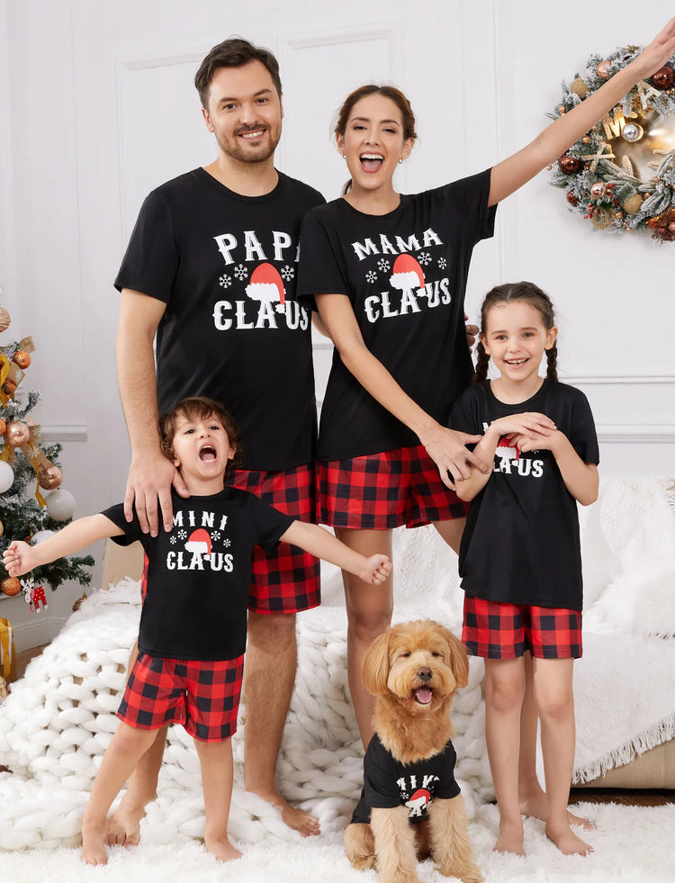Christmas Hat and Letter Print Black Family Matching Short-sleeve Plaid Pajamas Sets Black