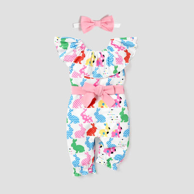 Easter Baby Girl Rabbit Print Ruffle Collar Jumpsuit with Belt & Headband Colorful