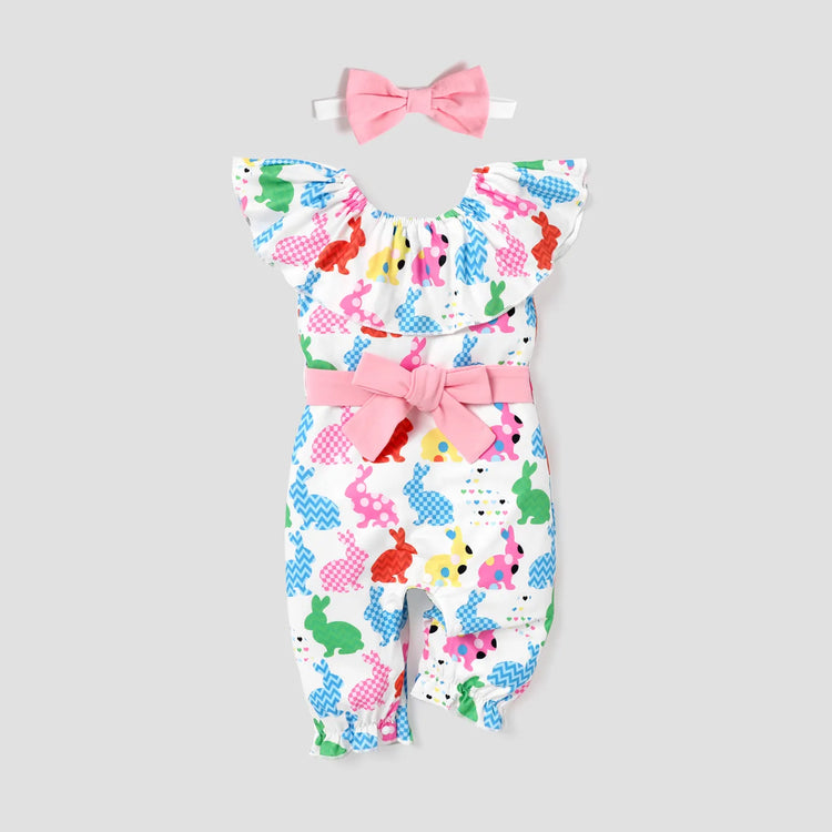 Combinaison de Pâques pour bébé fille avec col à volants et imprimé lapin, ceinture et bandeau colorés