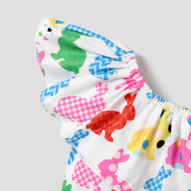 Combinaison de Pâques pour bébé fille avec col à volants et imprimé lapin, ceinture et bandeau colorés