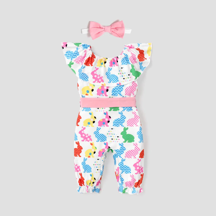 Combinaison de Pâques pour bébé fille avec col à volants et imprimé lapin, ceinture et bandeau colorés