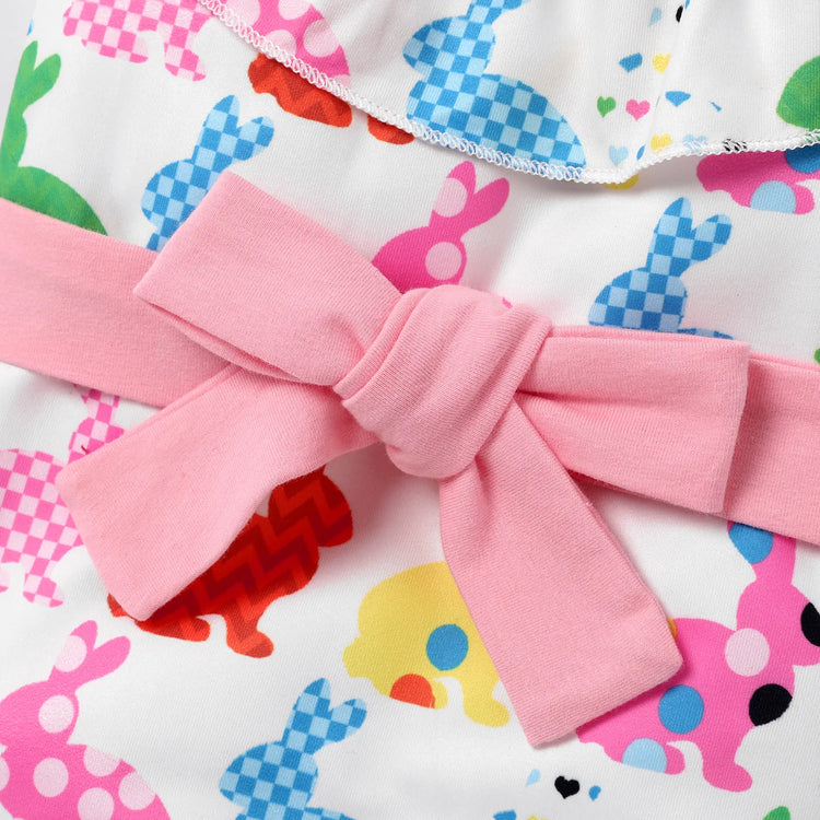 Combinaison de Pâques pour bébé fille avec col à volants et imprimé lapin, ceinture et bandeau colorés