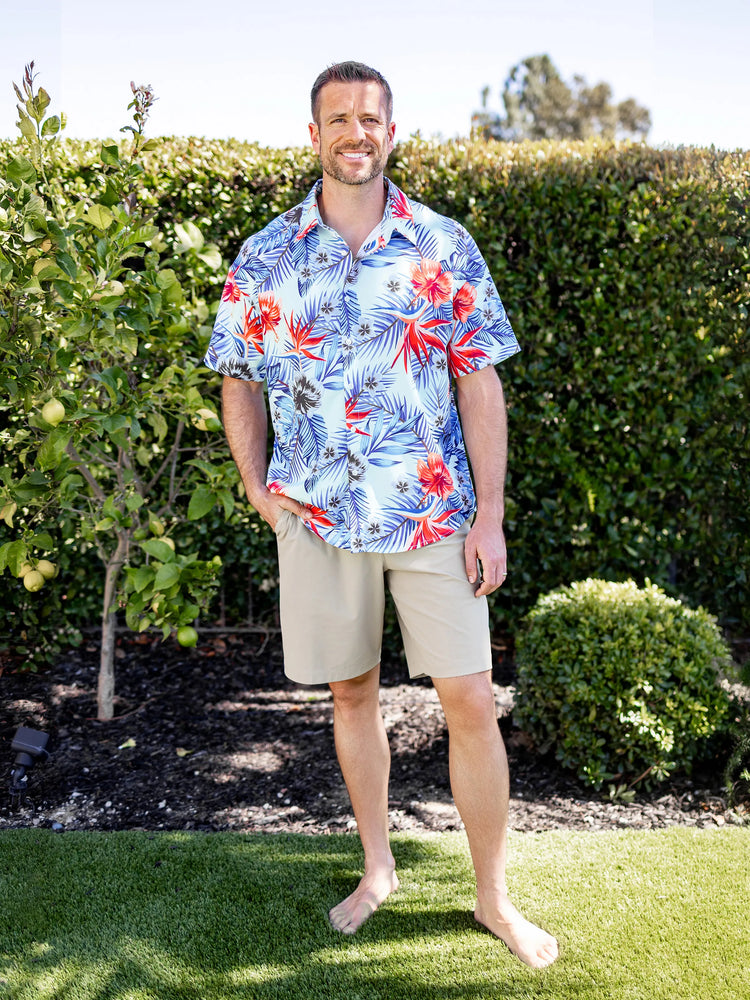 Family Matching Floral Print Short-sleeve Shirt or smocking Strap Dress Light Blue