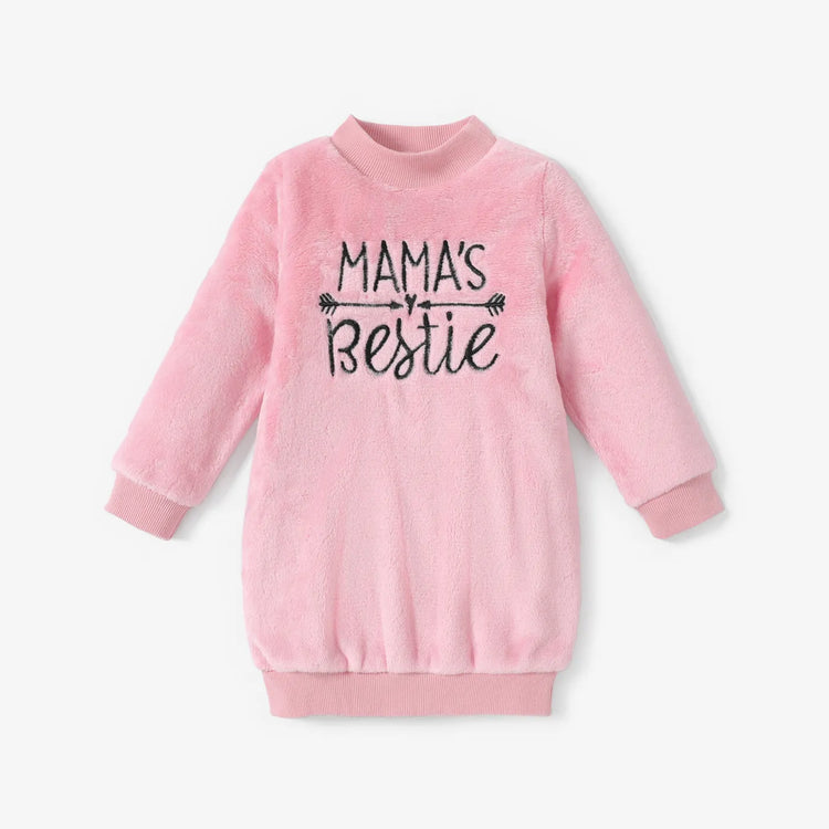 Toddler Girl Letter Embroidered Fleece Mock Neck Long-sleeve Pink Sweatshirt Dress Pink