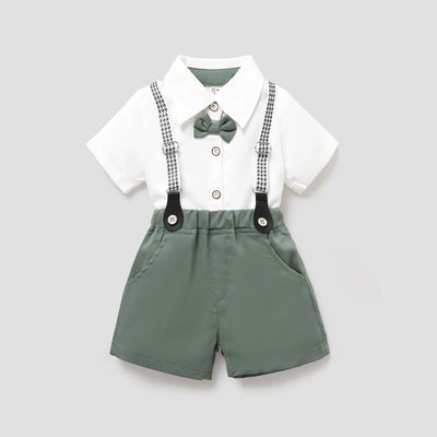 Baby Boy Party Gentle Bow Tie Shirt and Suspender Shorts Set White
