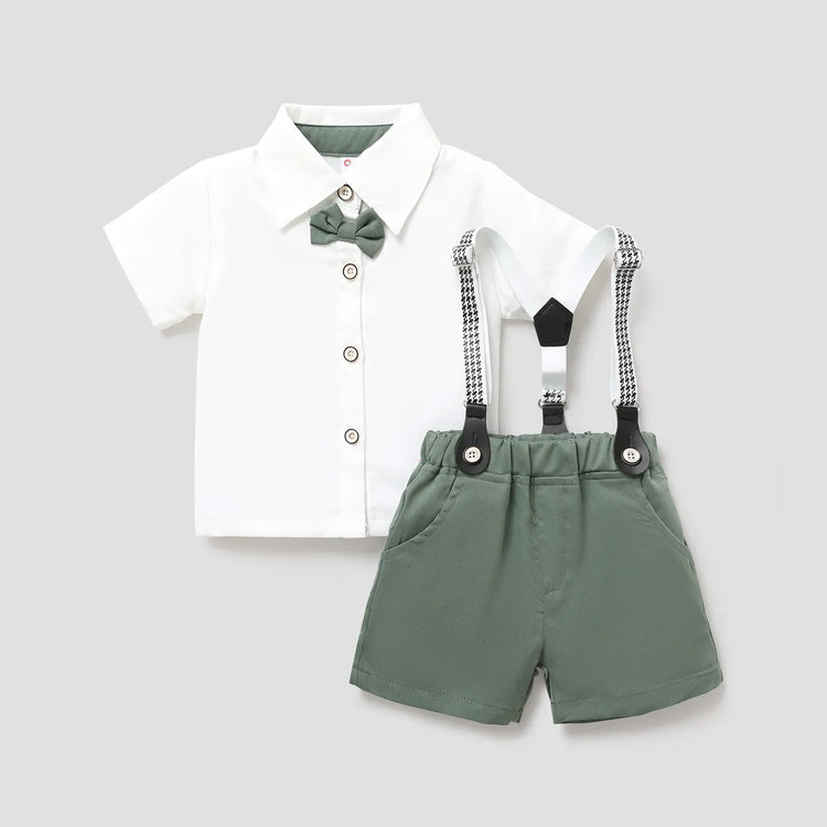 Baby Boy Party Gentle Bow Tie Shirt and Suspender Shorts Set White
