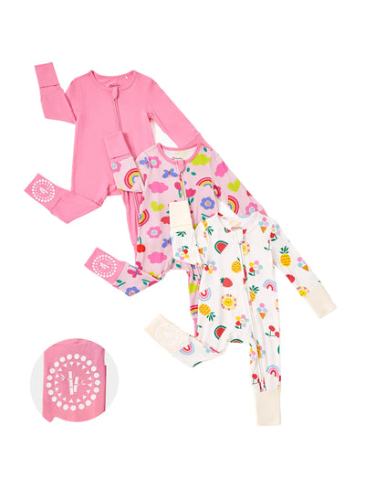 Baby 3-pack long-sleeve bamboo footed onesies with two-way zippers and anti-slip grips, solid and rainbow prints, pink.