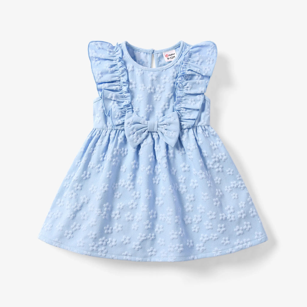 Baby Girl Sweet Textured Bowknot Flutter-sleeve Dress Blue - PatPat Baby Girl Sweet Textured Bowknot Flutter-sleeve Dress Blue - PatPat