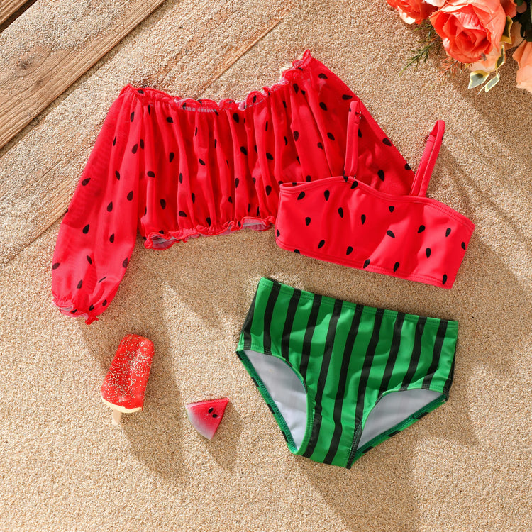 Watermelon Off-shoulder Toddler Girl 3pcs Swimsuit Set Red