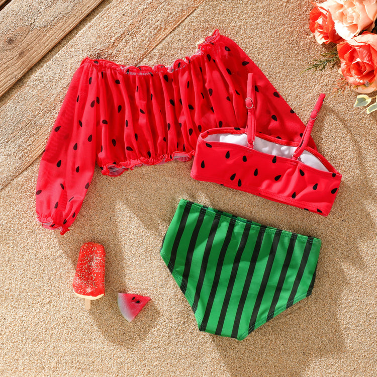 Watermelon Off-shoulder Toddler Girl 3pcs Swimsuit Set Red