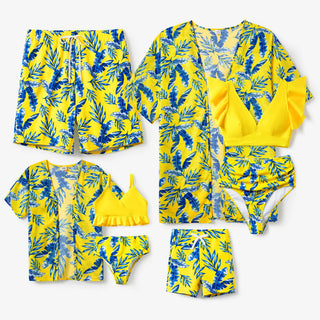Maillot de bain assorti à imprimé feuilles jaunes ou bikini à manches flottantes froncées avec cache-maillot jaune en option