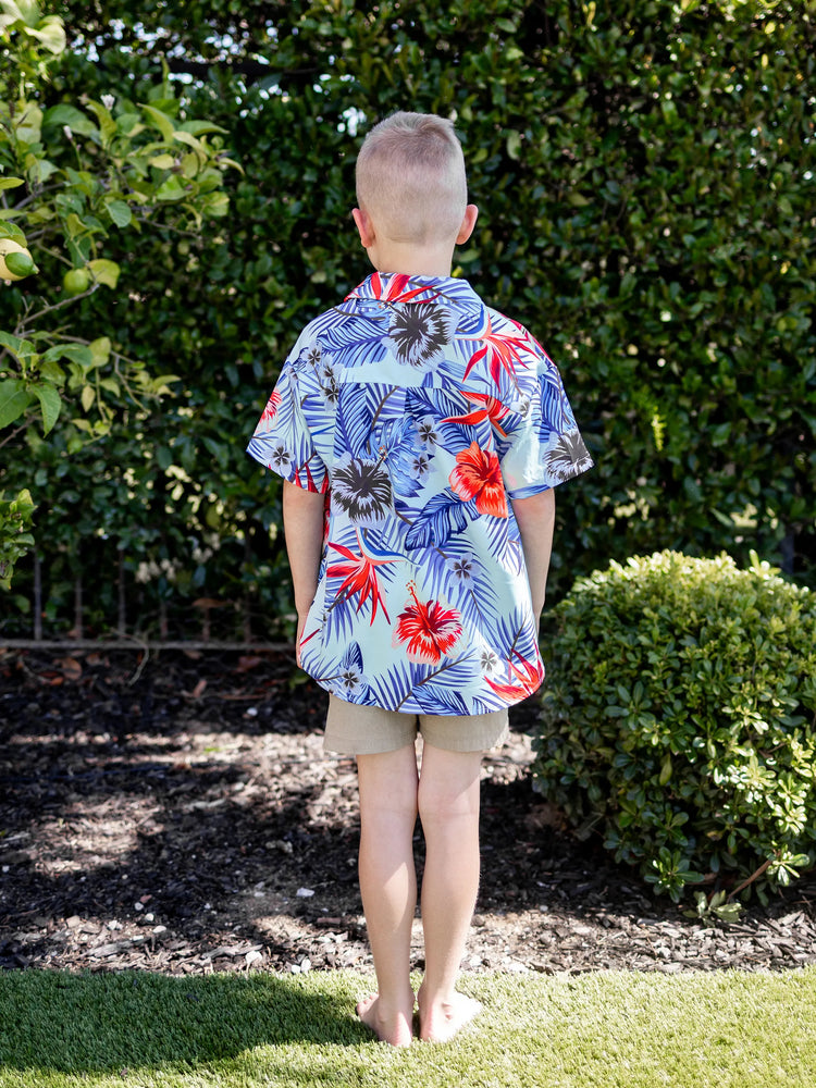 Family Matching Floral Print Short-sleeve Shirt or smocking Strap Dress Light Blue