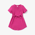 Toddler Girl Solid Curved Hem Short-sleeve Belted Dress Hot Pink