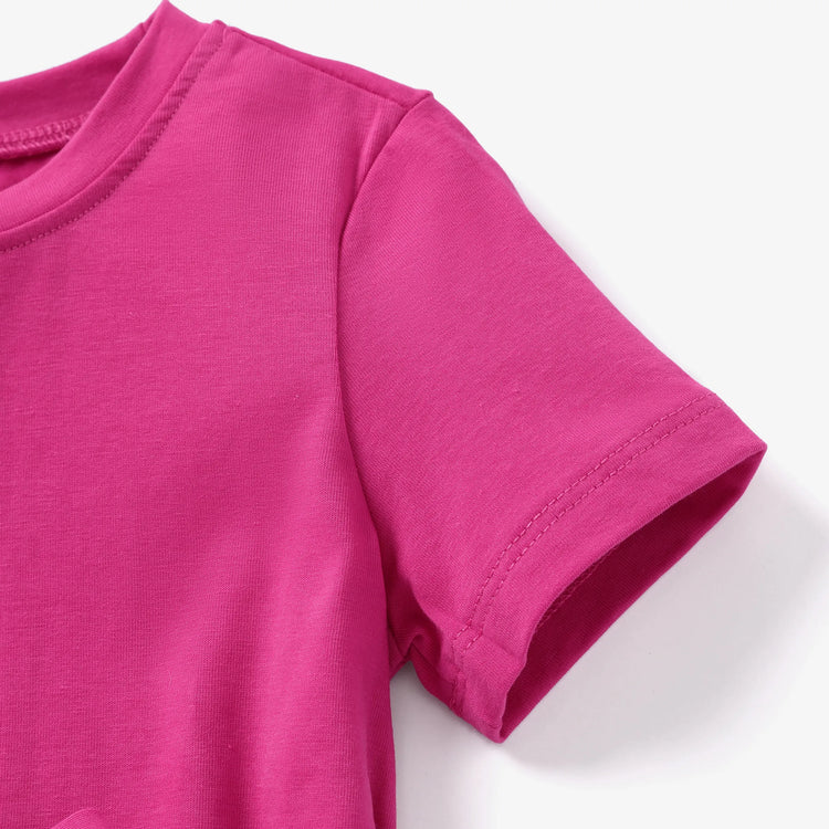 Kleinkind Mädchen Solid Curved Saum Kurzärmeliges Kleid mit Gürtel Fuchsie