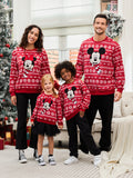 Disney Mickey and Friends Christmas Family Matching Snowflake Character Print Plush Crew Neck Sweatshirt Red