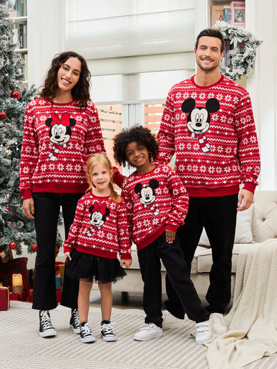 Disney Mickey and Friends Christmas Family Matching Snowflake Character Print Plush Crew Neck Sweatshirt Red