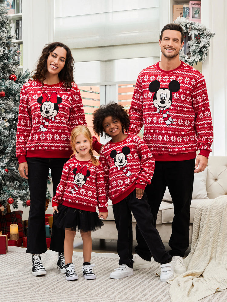 Disney Mickey and Friends Christmas Family Matching Snowflake Character Print Plush Crew Neck Sweatshirt Red
