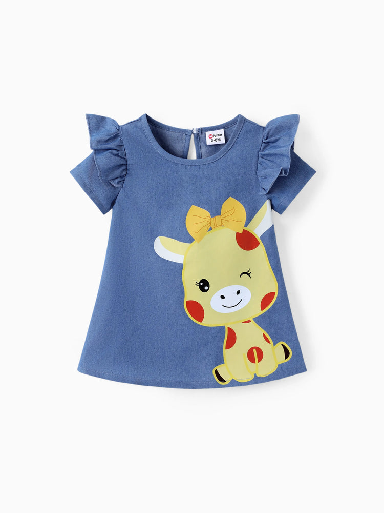 Baby Girl Cute Cat Print Ruffled Short-sleeve Dress Yellow