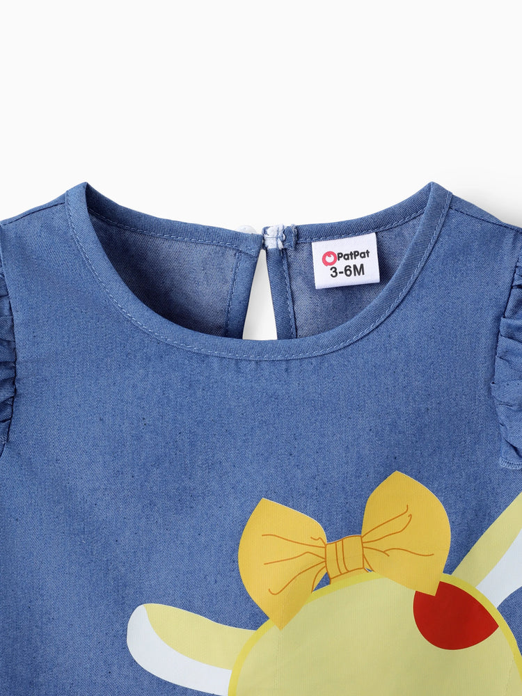 Baby Girl Cute Cat Print Ruffled Short-sleeve Dress Yellow