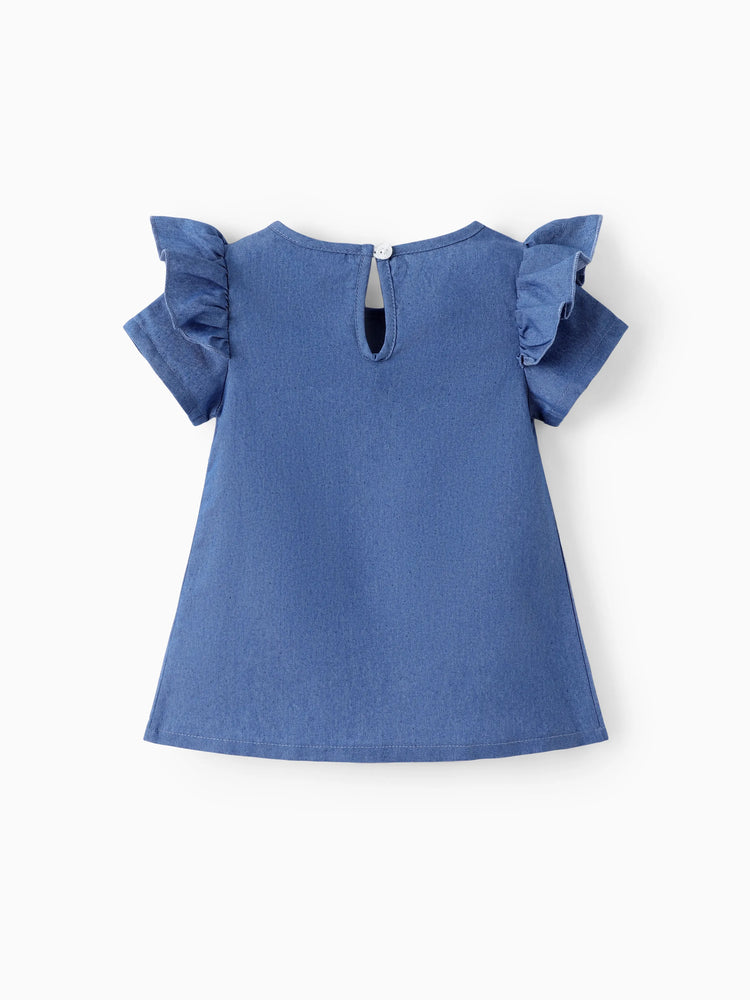 Baby Girl Cute Cat Print Ruffled Short-sleeve Dress Yellow