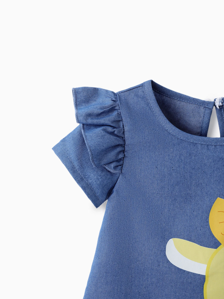 Baby Girl Cute Cat Print Ruffled Short-sleeve Dress Yellow
